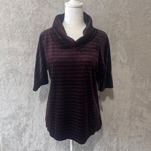 NWT $80 Talbots Short Sleeve Cowl Neck Velour Top S Purple Striped Button Detail